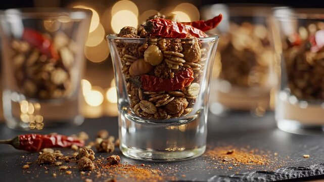 Spiced granola with nuts and peppers in shot glasses, bokeh background