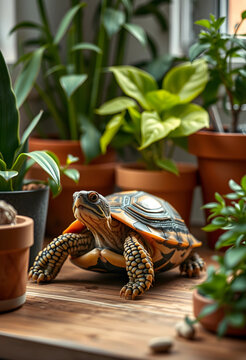 Small turtle with a patterned shell on a wooden surface surrounded by potted green plants indoors, It is surrounded by various potted green plants, creating an indoor natural environment