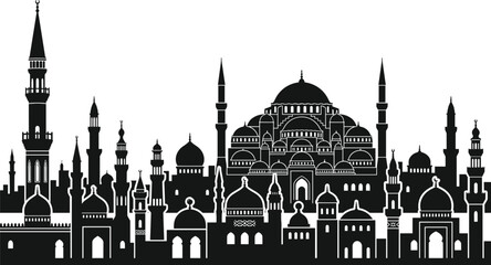 Istanbul city skyline silhouette featuring detailed Blue Mosque minarets domes and traditional islamic architecture vector illustration © MSTAKLIMA