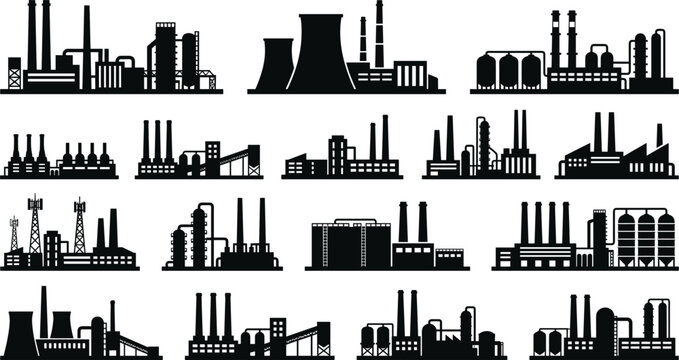 Industrial factory building silhouette icon set featuring power plants manufacturing warehouses refineries chemical facilities and smoking chimneys vector