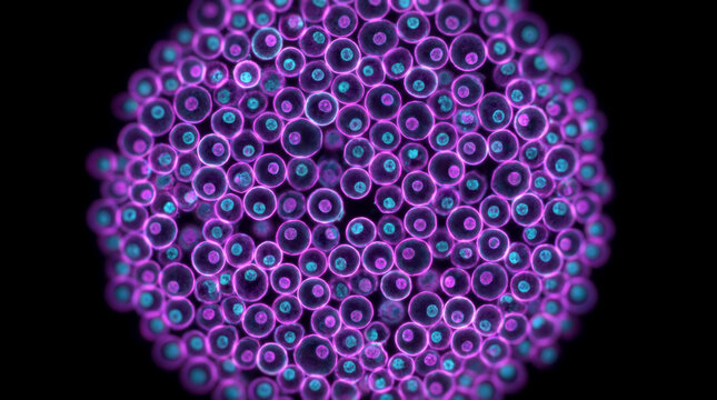 Discover spherical cell cluster exhibiting vibrant fluorescent magenta and cyan microscopic tissue characteristics