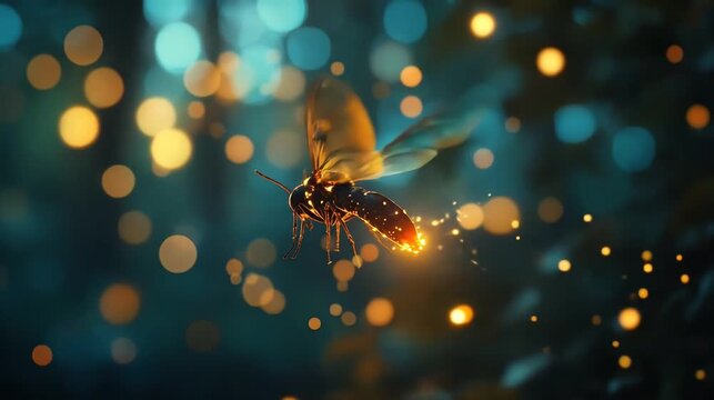 Close up of a glowing insect flying with blurred bokeh background