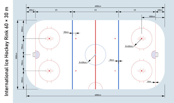 International ice hockey rink dimensions blueprint. Official rink layout with measurements, faceoff circles, goal crease and dimension lines for coaching, sports planning and technical drawings.