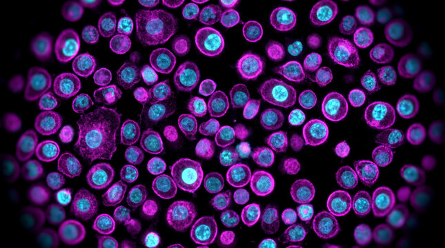 Observe fluorescent stained cells displaying cyan nuclei and magenta cytoplasm under microscopic view