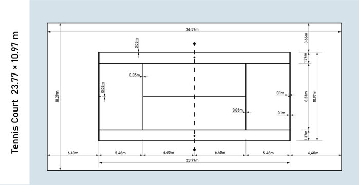Tennis court dimensions blueprint. Official court layout with measurements, service boxes, net line and dimension lines for coaching, sports planning and technical drawings.