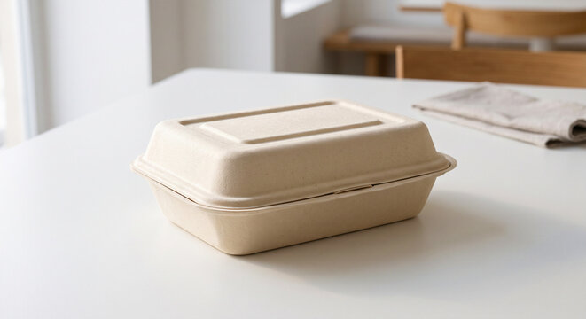 Empty cardboard takeout container on clean white kitchen countertop near window