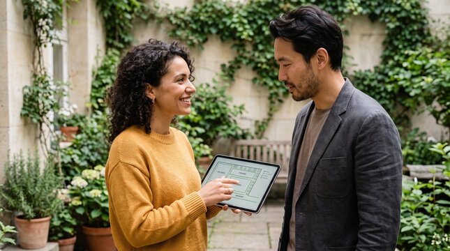 Diverse landscape designers planning garden layout on tablet in backyard.