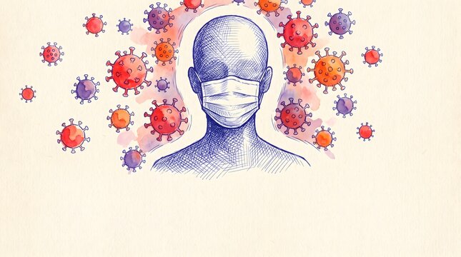 Person Wearing Protective Face Mask Surrounded by Floating Virus Particles Illustration