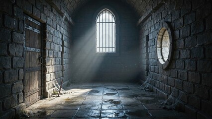 Fototapeta premium Dark medieval dungeon interior with stone walls arched window and dramatic light beams