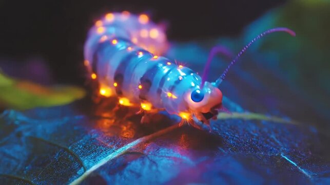 Glowing insect on leaf macro close up with vibrant colors nature background