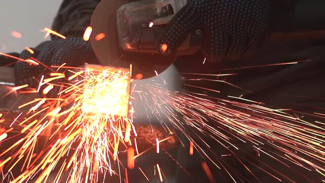 Gloved hands use powered cutting wheel on rectangular steel tubing, sending bright orange sparks across workshop space in tight side view with rugged industrial detail