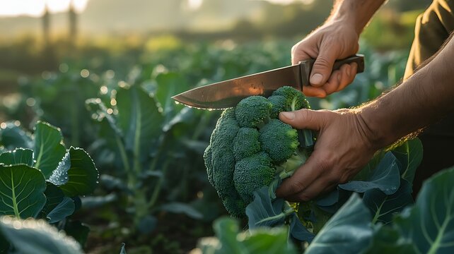 Close up of farmer hands using a sharp kitchen knife to harvest fresh organic broccoli in a sunny agricultural field with green foliage