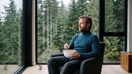 Obraz premium Thoughtful man sitting in chair eating popcorn by window with forest view.