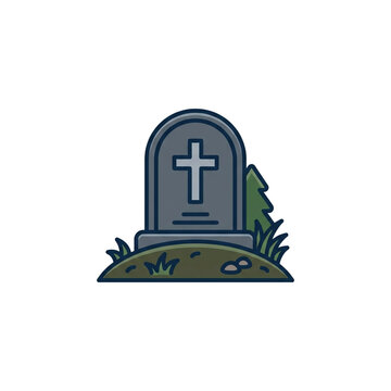 Gray gravestone icon with cross, tree and pebbles on grassy mound, cartoon tombstone illustration for cemetery and death design in flat vector style.