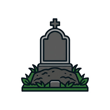Blank gravestone icon topped with cross, dirt mound and grass, cartoon tombstone illustration for cemetery and death design in flat vector style.