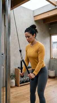 Woman performing tricep pushdown exercise with cable machine at home gym