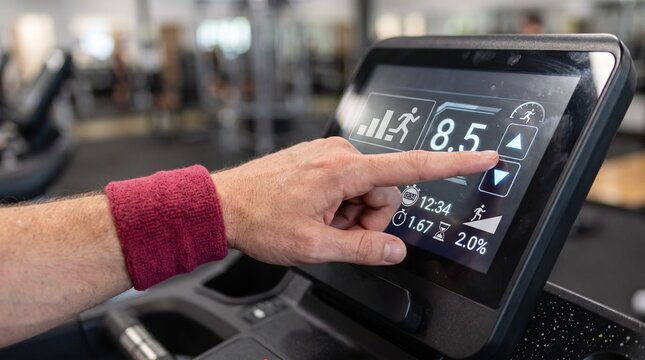 Man's hand pressing treadmill screen in gym for fitness tracking