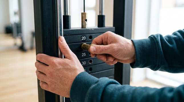 Man adjusting weight pin on gym stack machine in fitness center.