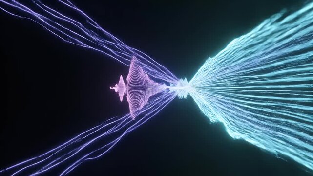 Energetic particles collide and diverge, creating vibrant light waves and trails