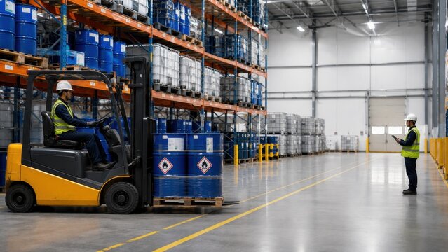 Forklift Transporting Hazardous Chemical Drums Under Warehouse Safety Inspection