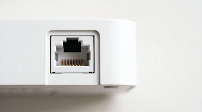 Close up of a white ethernet network port on an electronic device