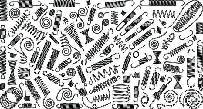 Metal spring and flexible coil silhouette mega collection featuring tension extension compression hardware mechanics and engineering industrial components