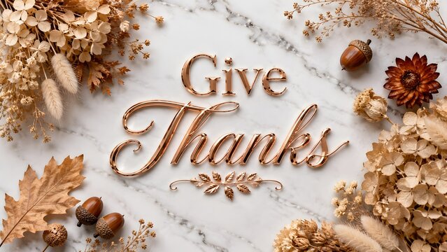 Give Thanks Thanksgiving greeting, elegant rose gold lettering on white marble background, autumn floral arrangement with dried flowers and acorns