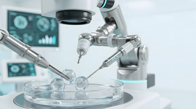 Robotic arms manipulating single cells in petri dish under microscope in hightech laboratory