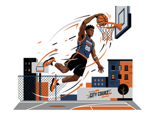 Basketball Player Dunking in City Court Illustration © Noto