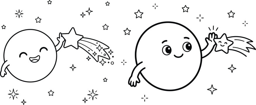 Cartoon planet and star pair with high five black and white line drawing
