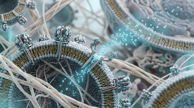 3d illustration of cellular membrane lipid bilayer releasing molecules through vesicle fusion and transport