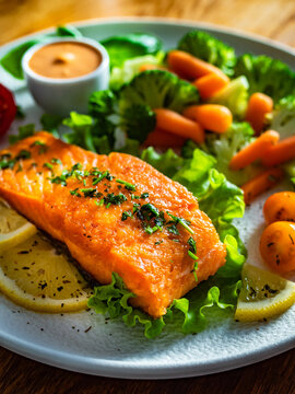 Fried salmon steak with boiled broccoli and mini carrots and mayonnaise on wooden table

