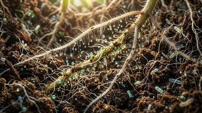 Macro shot of plant roots in soil with glowing micro droplets, microbial activity and organic nutrient absorption