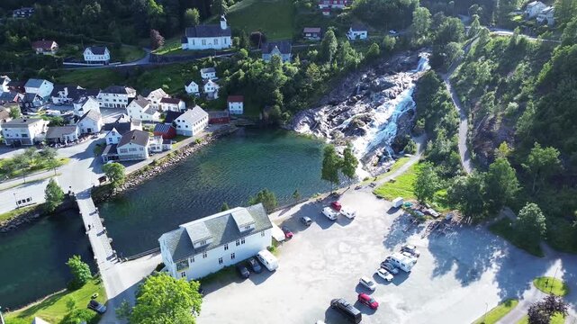 Cinematic Drone Orbit Around Hellesylt Village and Harbor in Norway