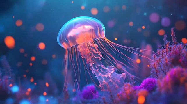 Vibrant jellyfish swimming in deep blue water with glowing details