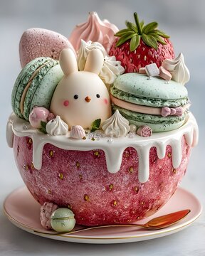 Luxury kawaii clay illustration, adorable bunny and chick inside a giant strawberry dessert bowl, surrounded by macarons, whipped cream.