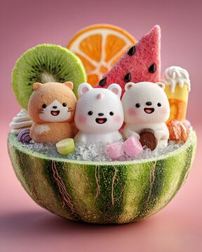 Cute kawaii baby animals sitting inside a giant tropical fruit bowl, watermelon, kiwi, orange slices, smiling faces, pastel ice cream, candy decorations.
