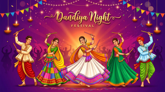 Colorful Dandiya Night Festival Celebration with Traditional Garba Dancers on Festive Stage for Event Poster Design
