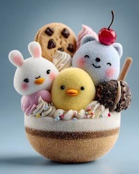 Adorable kawaii clay characters inside a giant ice cream cup, smiling ducklings, candy sprinkles, cherries, cookies, pastel whipped cream.