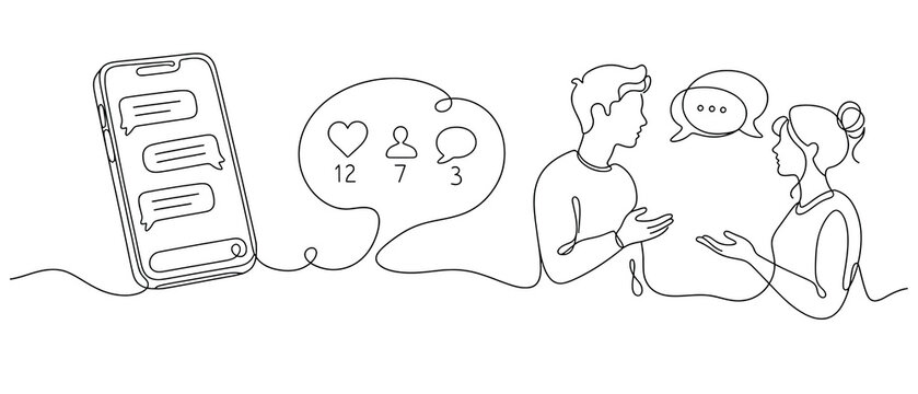 Continuous line drawing of a smartphone with social media icons and a young couple talking to each other concept of digital communication, social networking, and reallife conversation