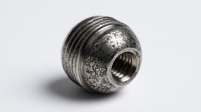 A polished metallic threaded ball joint with intricate riveted texture showcasing industrial precision under controlled lighting conditions