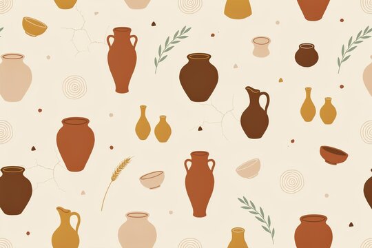 Seamless pattern with ancient style clay pottery, amphorae, jugs, and bowls mixed with wheat stalks and olive branches on a light beige background