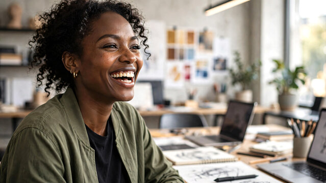 A fashionable Black African female designer casual smiling and laughing with genuine joy inside a contemporary creative workspace, conveying confidence, innovation, positivity, and entrepreneurial.
