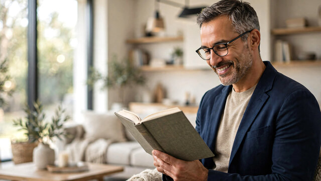 A confident middle-aged man wearing smart casual clothing and modern eyeglasses smiling while reading a book near a large window in a contemporary interior. 