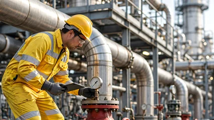 A professional male industrial worker wearing full personal protective equipment including a hard hat, safety glasses, reflective coveralls, protective gloves, performing a visual inspection of large  © v.stock