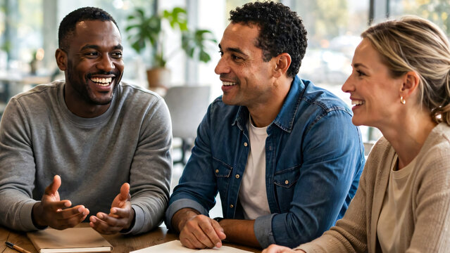 A multicultural team of South African business professionals wearing stylish smart casual clothing participating in a relaxed yet productive business strategy meeting inside a contemporary office.