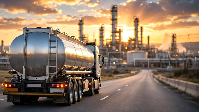 A modern fuel tanker truck viewed from behind driving toward an oil refinery at sunset, delivering fuel through a well-organized petroleum transportation network.
