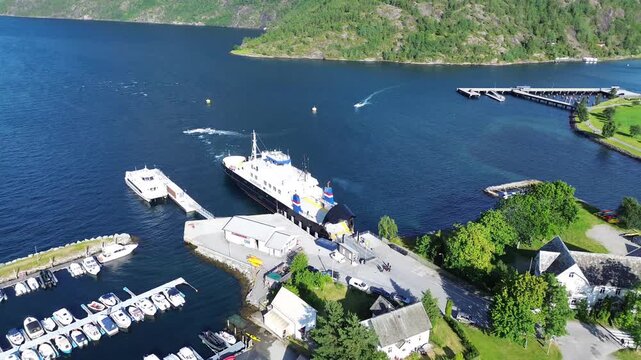 Close Drone View of Ferry Terminal and Boats in Hellesylt, Norway