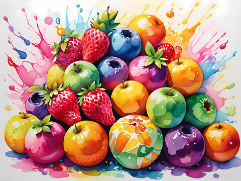 Vibrant digital art of a colorful pile of fresh fruits and apples with energetic watercolor splatters on a white background