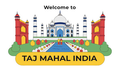 Very beautiful realistic vector of a classic travel welcome sign featuring a bold label reading "TAJ MAHAL INDIA", decorated with the iconic Taj Mahal monument, white marble domes, Mughal architecture © ehsanollah